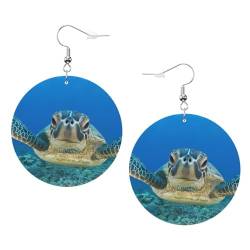OPSREY Meeresschildkröten bedruckte Damen-Lederohrringe runde Ohrringe leichte baumelnde Ohrringe, Einheitsgröße, Kunstleder von OPSREY