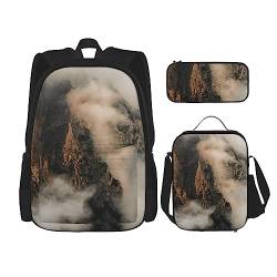 OPSREY Misty Mountains Print Rucksack Große Kapazität Reise Daypack Mit Lunchtasche Und Federmäppchen 3 In 1 Für Damen Herren, Schwarz, Einheitsgröße, Schwarz , Einheitsgröße von OPSREY