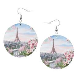 OPSREY Paris Eiffelturm mit Blumen bedruckt Damen Leder Ohrringe Runde Ohrringe Leichte baumelnde Ohrringe, Einheitsgröße, Kunstleder von OPSREY