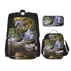 OPSREY Rocky Stream Print Rucksack Große Kapazität Reise Daypack Mit Lunchtasche Und Federmäppchen 3 In 1 Für Damen Herren, Schwarz, Einheitsgröße, Schwarz , Einheitsgröße von OPSREY