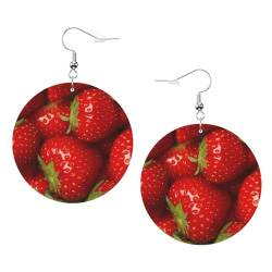 OPSREY Rote Erdbeerfrucht bedruckte Damen-Lederohrringe runde Ohrringe leichte baumelnde Ohrringe, Einheitsgröße, Kunstleder von OPSREY