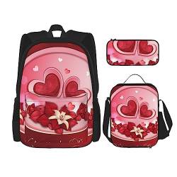 OPSREY Rucksack mit Aufdruck "Happy Valentine'S Day", großes Fassungsvermögen, Reise-Tagesrucksack mit Lunchtasche und Federmäppchen, 3-in-1, für Damen und Herren, Schwarz, Einheitsgröße, Schwarz , von OPSREY