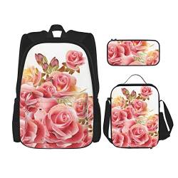 OPSREY Rucksack mit rosa Rosenblütenaufdruck, große Kapazität, Reise-Daypack mit Lunchtasche und Federmäppchen, 3-in-1, für Damen und Herren, Schwarz, Einheitsgröße, Schwarz , Einheitsgröße von OPSREY