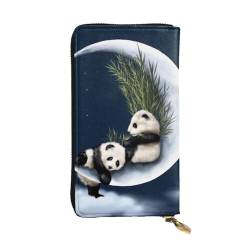 OPSREY Schwarze und weiße Blumen bedruckte lange Geldbörse aus echtem Leder Geldbörse Geldbörse Clutch-Geldbörse Reißverschluss Kartenaufbewahrungstasche, Panda und Mond, Einheitsgröße von OPSREY