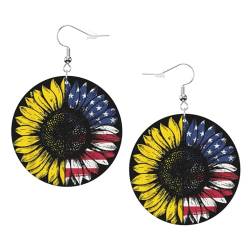 OPSREY Sonnenblume Amerikanische Flagge gedruckt Damen Leder Ohrringe Runde Ohrringe Leichte baumelnde Ohrringe, Einheitsgröße, Kunstleder von OPSREY