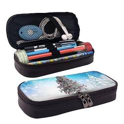 Weihnachtsbäume Drucken Bleistift Fall Leder Bleistift Beutel Große Kapazität Stift Tasche Mit Doppeltem Reißverschluss Für Büro, Schwarz , Einheitsgröße von OPSREY