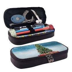 Weihnachtsbaum Und Geschenk Drucken Bleistift Fall Leder Bleistift Tasche Große Kapazität Stift Tasche Mit Doppeltem Reißverschluss Für Büro, Schwarz , Einheitsgröße von OPSREY