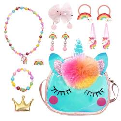 OPUHOHR 12 stück Einhorn Schmuck set, Handtasche Einhorn Schmuck Halskette Armband Ring Haarnadels, Prinzessin Party Ankleiden, Geburtstag Geschenke für Mädchen von OPUHOHR