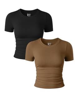 OQQ 2-teiliges Damen-Top, kurzärmelig, Rundhalsausschnitt, gerüscht, nahtlos, Stretch, tailliertes T-Shirt, bauchfrei, Schwarz, Kaffee, Mittel von OQQ