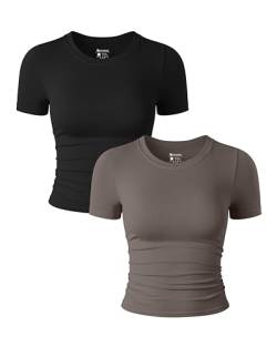 OQQ 2-teiliges Damen-Top, kurzärmelig, Rundhalsausschnitt, gerüscht, nahtlos, Stretch, tailliertes T-Shirt, bauchfrei, Schwarz, Teeblätter, Groß von OQQ