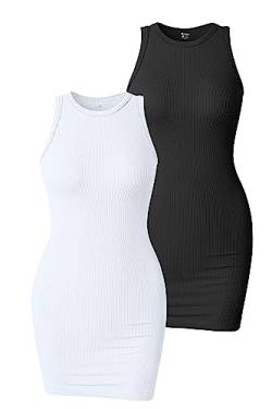 OQQ Damen 2 Stück Kleid Sexy Gerippt Ärmellos Neckholder Tank Tops Mini Kleider, schwarz, weiß, Klein von OQQ