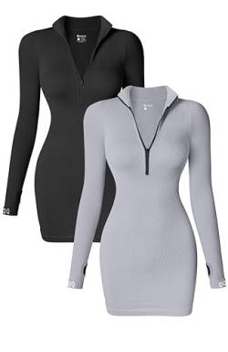 OQQ Damen 2 Stück Kleider Sexy Gerippt Reißverschluss vorne Langarm Tops Minikleid, Schwarz, Grau, Mittel von OQQ