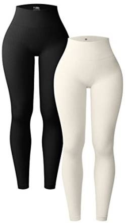 OQQ Damen 2 Stück Yoga Leggings Gerippt Nahtlos Workout Hohe Taille Athletic Pants, Schwarz/Beige, S von OQQ