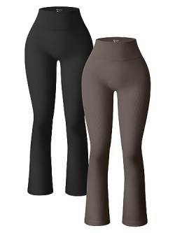 OQQ Damen 2-teilige Yogahose, gerippt, nahtlos, Workout, hohe Taille, Glockenhose, ausgestellte Leggings, Schwarz, Teeblatt, X-Groß von OQQ