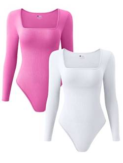 OQQ Damen 2-teiliger Bodysuit, sexy, gerippt, einteilig, quadratischer Ausschnitt, lange Ärmel, Rosenweiß, S von OQQ