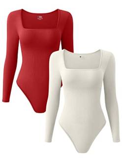 OQQ Damen 2-teiliger Bodysuit, sexy, gerippt, einteilig, quadratischer Ausschnitt, lange Ärmel, Rot / Beige, M von OQQ