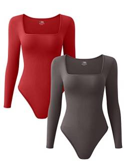 OQQ Damen 2-teiliger Bodysuit, sexy, gerippt, einteilig, quadratischer Ausschnitt, lange Ärmel, Rote Teeblätter, L von OQQ