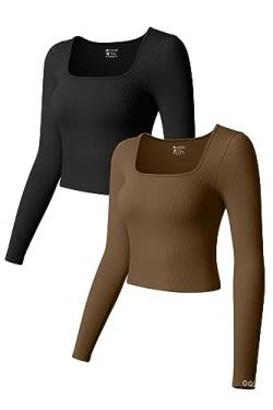 OQQ Damen 2-teiliges Crop Tops Langarm quadratischer Ausschnitt Unterhemden Stretch Taillierte Schicht T-Shirts Tops, Schwarz, Kaffee, Klein von OQQ