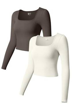 OQQ Damen 2-teiliges Crop Tops Langarm quadratischer Ausschnitt Unterhemden Stretch Taillierte Schicht T-Shirts Tops, Teeblatt, beige, Klein von OQQ