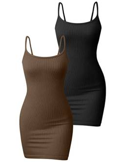 OQQ Damen 2-teiliges Kleid Gerippt Sexy Ärmellos Spaghettiträger Ärmellos Tank Tops Kleid, Schwarz, Kaffee, Groß von OQQ