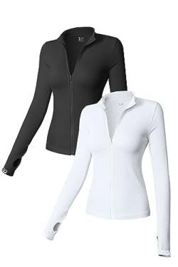 OQQ Damen 2-teiliges Langarm-Top, Stehkragen, vorne, mit Reißverschluss, Stretch, tailliert, Unterhemden, T-Shirts, schwarz, weiß, Klein von OQQ
