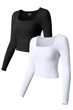 OQQ Damen 2-teiliges bauchfreies Oberteil, langärmelig, quadratischer Ausschnitt, Unterhemden, Stretch, enganliegend, T-Shirt, schwarz, weiß, Groß von OQQ