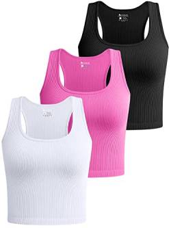 OQQ Damen 3 Stück Crop Tank Tops Gerippte Nahtlose Workout Übung Shirts Yoga Basic Racerback Crop Tops, Schwarz / Rosa / Weiß, Groß von OQQ