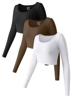 OQQ Damen 3 Stück Crop Tops Langarm Rundhals Stretch Tailliert Unterhemden Shirts Crop Tops, Schwarz, Kaffee, Weiß, Klein von OQQ