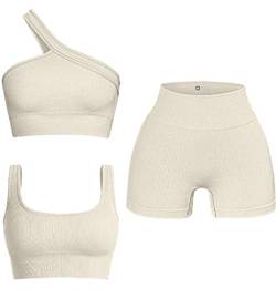 OQQ Damen 3 Stück Outfits Gerippte Nahtlose Übung U-Ausschnitt Sport BH One Shoulder Tops Hohe Taille Shorts Active Set, Beige, M von OQQ
