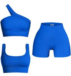 OQQ Damen 3 Stück Outfits Gerippte Nahtlose Übung U-Ausschnitt Sport BH One Shoulder Tops Hohe Taille Shorts Active Set, Blau, M von OQQ