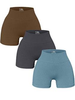 OQQ Damen 3-teilige Yoga-Shorts Gerippte Nahtlose Workout Hohe Taille Athletic Leggings, A: Kaffee, Grau, Blau, Klein von OQQ