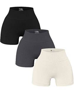 OQQ Damen 3-teilige Yoga-Shorts Gerippte Nahtlose Workout Hohe Taille Athletic Leggings, A: Schwarz, Grau, Beige, Groß von OQQ