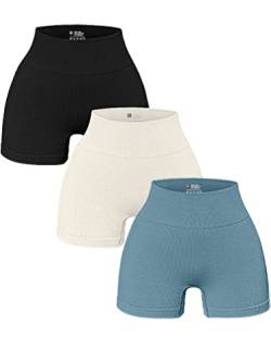OQQ Damen 3-teilige Yoga-Shorts Gerippte Nahtlose Workout Hohe Taille Athletic Leggings, Schwarz, Beige, Blau, Klein von OQQ