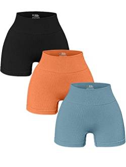 OQQ Damen 3-teilige Yoga-Shorts Gerippte Nahtlose Workout Hohe Taille Athletic Leggings, Schwarz, Orange, Blau., Klein von OQQ