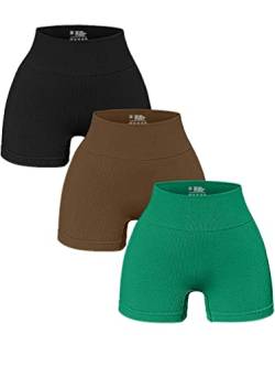 OQQ Damen 3-teilige Yoga-Shorts Gerippte Nahtlose Workout Hohe Taille Athletic Leggings, Schwarz / Kaffeegrün, Mittel von OQQ