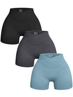 OQQ Damen 3-teilige Yoga-Shorts Workout Gerippte Hohe Taille Übung Athletic Shorts, Schwarz Grau Blau, Klein von OQQ