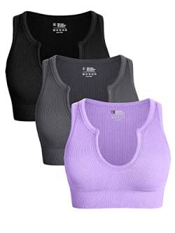 OQQ Damen 3-teiliges Crop-Top, mittlere Unterstützung, nahtlos, gerippt, abnehmbare Körbchen, Workout, Yoga, Sport-BH, Schwarz Dunkelgrau Lavendel, Large von OQQ