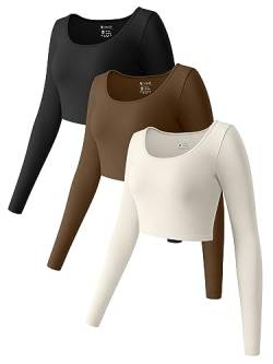OQQ Damen 3-teiliges Crop Tops Langarm Rundhals Stretch Fitted Unterhemden Shirts Crop Tops, Schwarz, Kaffee, Beig, Groß von OQQ