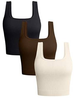 OQQ Damen 3-teiliges Tank-Top, gerippt, nahtlos, Workout, Übung, Yoga, Crop Tops, Schwarz, Kaffee, Beige, Groß von OQQ