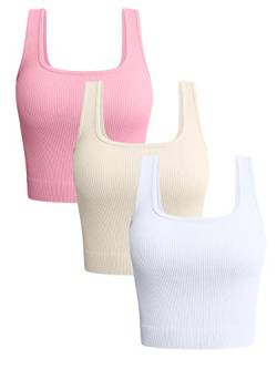 OQQ Damen 3-teiliges Tank-Top, gerippt, nahtlos, Workout-Shirts, Yoga, bauchfreies Top, Candypink Beige Weiß, Groß von OQQ