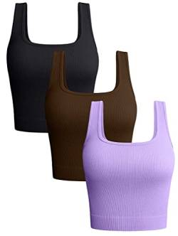 OQQ Damen 3-teiliges Tank-Top, gerippt, nahtlos, Workout-Shirts, Yoga, bauchfreies Top, Schwarzer Kaffee-Lavendel, Mittel von OQQ