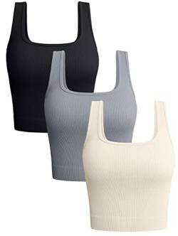 OQQ Damen 3-teiliges Tank Tops Gerippte Nahtlose Workout Training Shirts Yoga Crop Tops, Schwarz Grau Beige, Groß von OQQ
