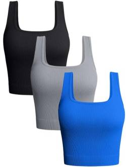 OQQ Damen 3-teiliges Tank Tops Gerippte Nahtlose Workout Training Shirts Yoga Crop Tops, Schwarz Grau Blau, Mittel von OQQ