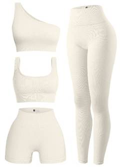 OQQ Damen 4 Stück Outfits Gerippte Übung U-Ausschnitt Sport BH One Shoulder Tops Hohe Taille Shorts Leggings Active Set, beige, Small von OQQ
