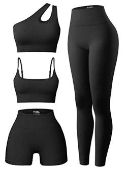 OQQ Damen 4 Stück Outfits Gerippte Übung U-Ausschnitt Sport BH One Shoulder Tops Hohe Taille Shorts Leggings Active Set, schwarz 1, Small von OQQ