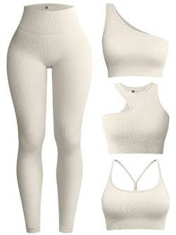 OQQ Damen 4-teiliges Workout-Outfit Gerippte Yoga Hohe Taille Leggings mit 3-teiligen Crop Tops mit Sport-BH Übungsset, Beige, Small von OQQ