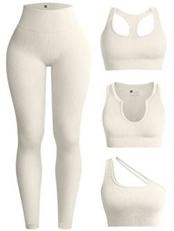 OQQ Damen 4-teiliges Workout-Outfit Gerippte Yoga Hohe Taille Leggings mit 3-teiligen Crop Tops mit Sport-BH Übungsset, Beige1, Large von OQQ