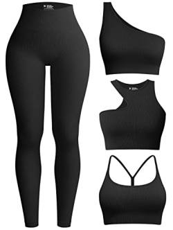OQQ Damen 4-teiliges Workout-Outfit Gerippte Yoga Hohe Taille Leggings mit 3-teiligen Crop Tops mit Sport-BH Übungsset, Schwarz, Medium von OQQ