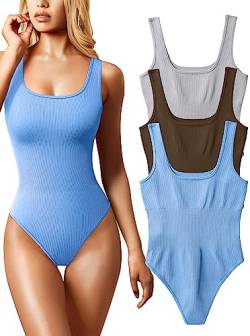 OQQ Damen-Bodysuit, 3-teilig, sexy, gerippt, ärmellos, quadratischer Ausschnitt, L von OQQ