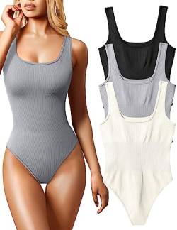 OQQ Damen-Bodysuit, 3-teilig, sexy, gerippt, ärmellos, quadratischer Ausschnitt, Schwarz Grau Beige, L von OQQ